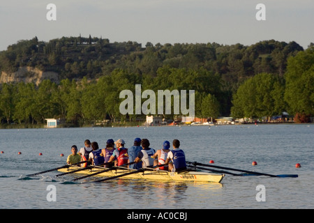 Rowers training on Lake Banyoles, Girona province, Spain Stock Photo