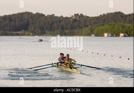 Rowers training on Lake Banyoles, Girona province, Spain Stock Photo