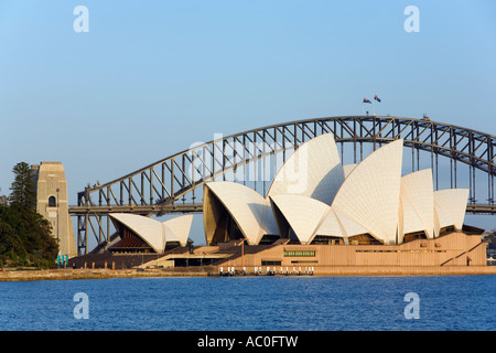 View across Sydney harbour to the iconic Opera House and Harbour Bridge Stock Photo