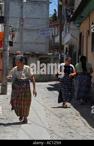 Indigenous women on a street in San Pedro la Laguna, Lake Atitlan, Guatemala, Central America Stock Photo