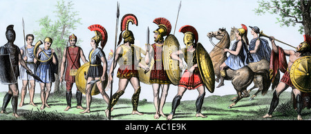 Soldiers of ancient Greece with their weapons. Hand-colored engraving Stock Photo