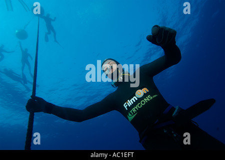 Herbert Nitsch breaks the new No Limits world freediving record diving to 214m 700ft in Spetses Greece Stock Photo