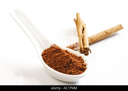 Cinnamon powder and cinnamon sticks Stock Photo