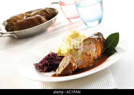 Beef roulade with red cabbage and mashed potatoes Stock Photo