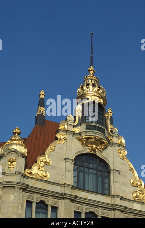 Painted gold details at the roof of the bank Commerzbank Leipzig Saxony Germany Stock Photo