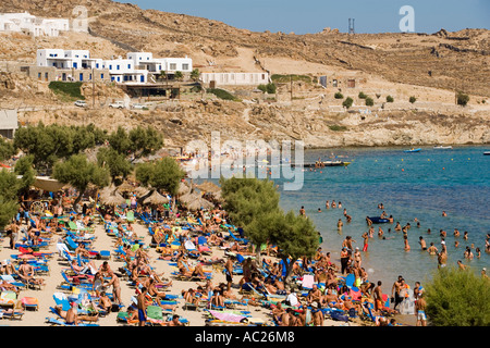 View over the peopled Paradise Beach Mykonos Greece Stock Photo