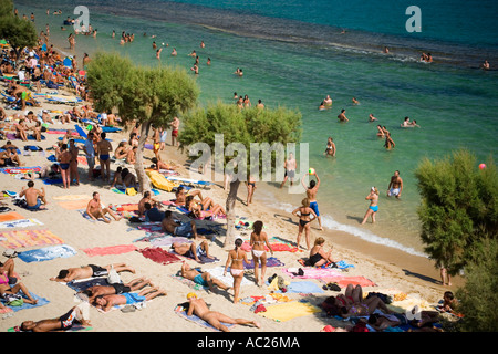 View over the peopled Paradise Beach Mykonos Greece Stock Photo