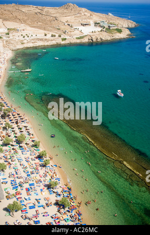 View over the peopled Paradise Beach Mykonos Greece Stock Photo