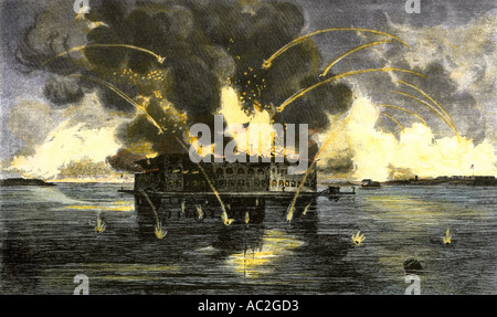 Confederate bombardment of Fort Sumter starting the American Civil War 1861. Hand-colored engraving Stock Photo