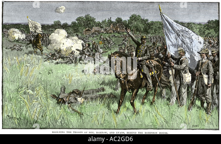 Rallying Confederate troops behind the Robinson house during the first Battle of Bull Run 1861 American Civil War. Hand-colored woodcut Stock Photo