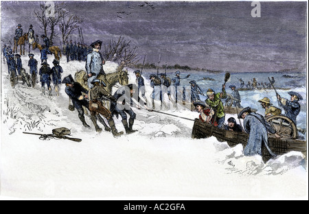 George Washington and his army crossing the icy Delaware River to attack Trenton December 1776. Hand-colored woodcut Stock Photo