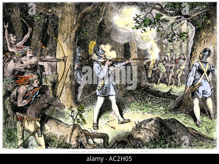 Samuel de Champlain and his Huron Indian allies fighting the Iroquois near Lake Champlain 1609. Hand-colored woodcut Stock Photo