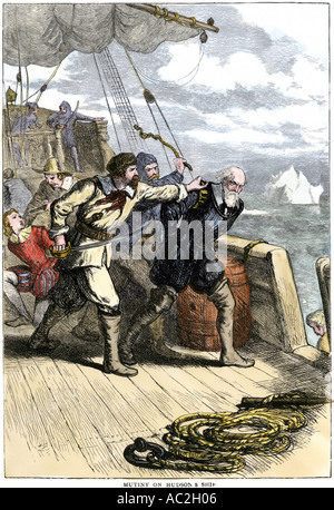 Mutineers send Henry Hudson and his son overboard to die adrift in a small boat in the Arctic 1611. Hand-colored woodcut Stock Photo