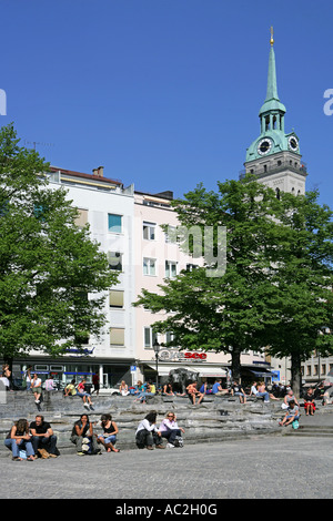 Rindermarkt and church Alter old Peter, in Munich, Bavaria, Germany Stock Photo