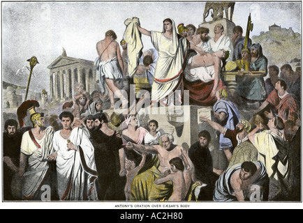 Marc Antony oration over the body of Julius Caesar ancient Rome. Hand-colored halftone of an illustration