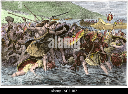 Roman army of Julius Caesar landing in Britain 55 BC. Hand-colored woodcut Stock Photo