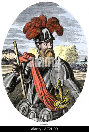 Francisco Pizarro portrait in full armor. Hand-colored engraving Stock Photo