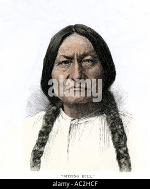 Sitting Bull or Tatanka Iyotake leader of the Sioux Nation. Hand-colored woodcut Stock Photo