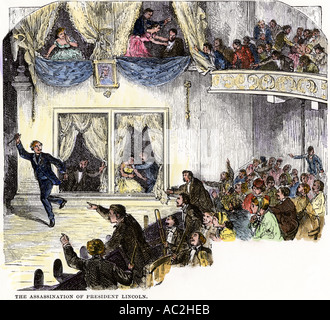 Assassination of President Abraham Lincoln with John Wilkes Booth fleeing across the stage of Fords Theater Washington DC 1865. Hand-colored woodcut Stock Photo