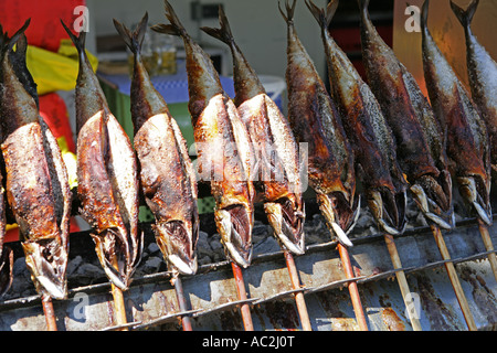 smoked mackerel on the annual fair Auerdult in Munich, Bavaria, Germany Stock Photo