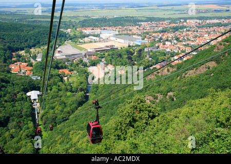 panoramic view of the town of Thale from the cable railway to the witches dancing place in Northern Germany´s Mountain Area Harz Stock Photo