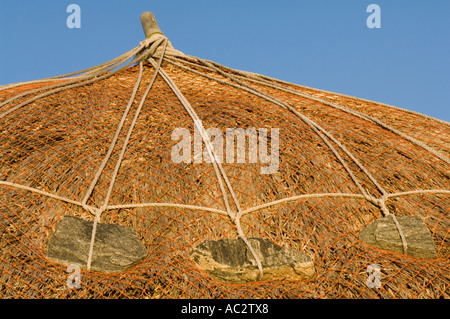 Detail, roof of traditional thatched blackhouse on the  coast of West Lewis, Gearrannan village, Outer Hebrides, Scotland, UK Stock Photo