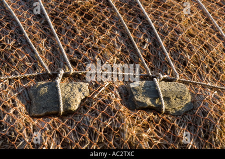 Detail, roof of traditional thatched blackhouse on the  coast of West Lewis, Gearrannan village, Outer Hebrides, Scotland, UK Stock Photo