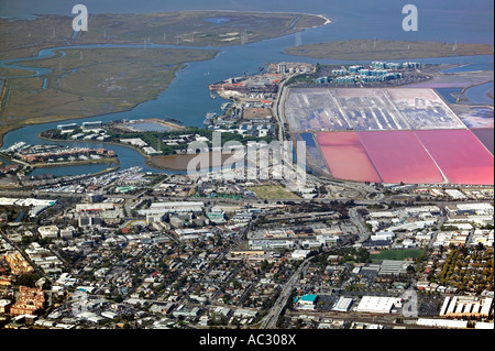 aerial view above Redwood City California harbor and the Cargill salt facility