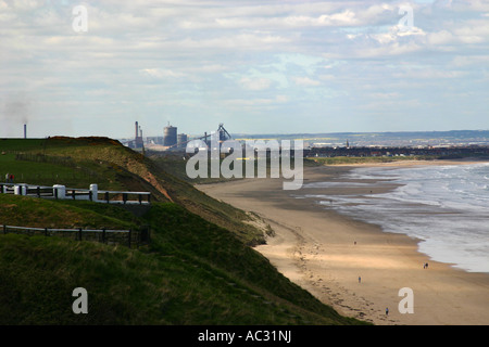 The blast furnace and steelworks on the east coast at Redcar viewed from the pier at Saltburn. Stock Photo
