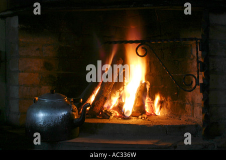 brewing coffee at a fire place, Finland Stock Photo