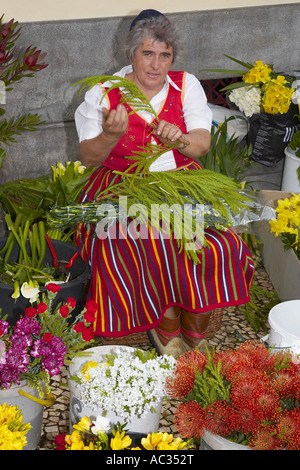 selling flowers in front of the market, Portugal, Madeira, Funchal Stock Photo