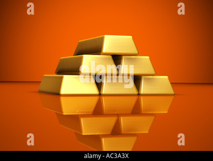 stacked gold bars Goldbarren gestapelt Haufen Stock Photo