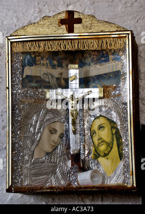 Madonna and Jesus Christ cross crucifixion old church Crete Krete Greece Stock Photo