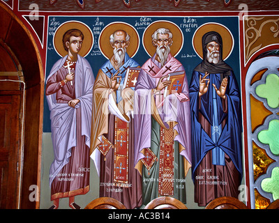 Saint Mark Markos Anthimos Andreas Andrew and Gregory Grigorios wall illustration church Crete Krete island Greece Stock Photo