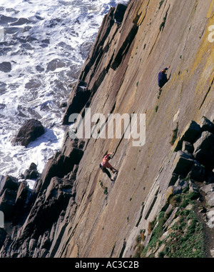Climbers climbing a sea cliff on the Atlantic coast Baggy Point north Devon Great Britain Stock Photo