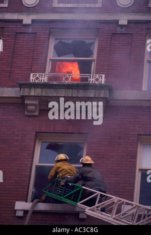 Firefighters / Firemen on Ladder fighting Fire with Hose through Broken Window in Apartment Building Stock Photo