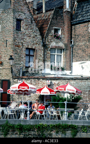 Europe Belgium Bruges Brugge Cafe Canal Stock Photo