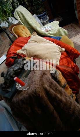 fur jacket and colourful throws cushions on a chair Stock Photo