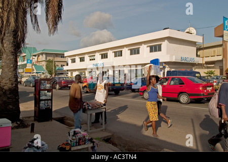 Main shopping street, Osu district of Accra, Ghana with Barclays Bank Stock Photo