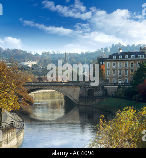 River Avon at Bath in Somerset England looking south towards Prior Park from near Pulteney Bridge