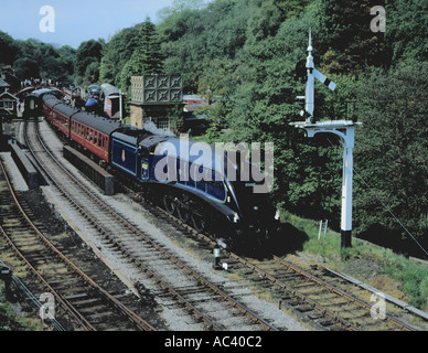 The 'Sir Nigel Gresley' steam locomotive at Goathland Station, North York Moors Railway, North Yorkshire, England, UK. Stock Photo