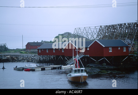 Typical view of fjord in Lofoten islands archipelago in Nordland county northern Norway Scandinavia Europe with cod drying racks Stock Photo