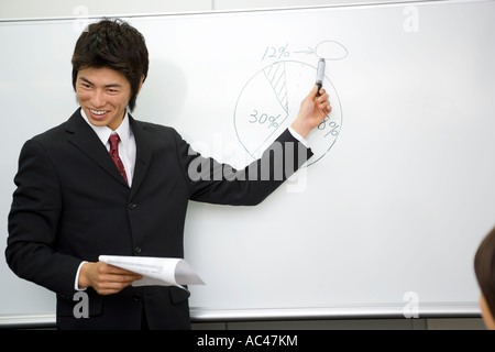 Young businessman standing in front of whiteboard Stock Photo