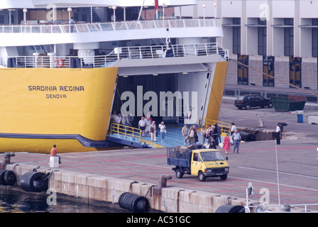 Ajaccio port ferry Sardinia Regina stern loading unloading doors open with passengers disembarking Stock Photo