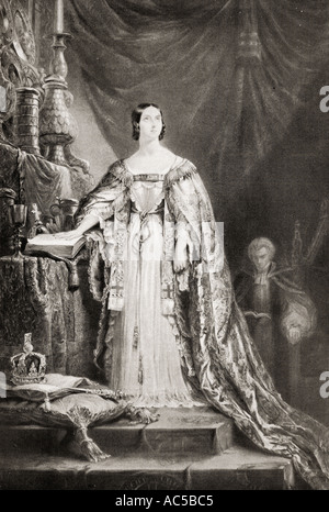 Queen Victoria, 1819 - 1901, seen here taking the coronation oath. From an engraving of the picture by Sir George Hayter Stock Photo