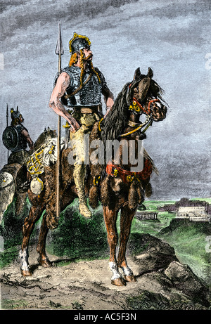 Gauls on horseback in the ancient Roman Empire. Hand-colored