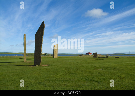 dh Stenness Standing Stones STENNESS ORKNEY Neolithic standing stones henge white whispy clouds Stock Photo