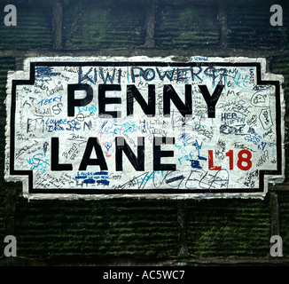 Penny Lane road sign in Liverpool England with Graffiti Stock Photo