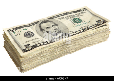 Stack of five dollar bills Stock Photo