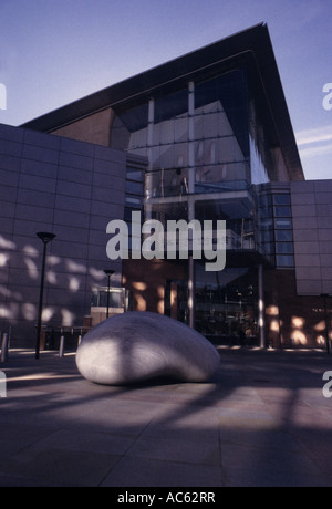 Stone sculpture outside the Bridgewater Hall, Barbirolli Square, Manchester, UK Stock Photo